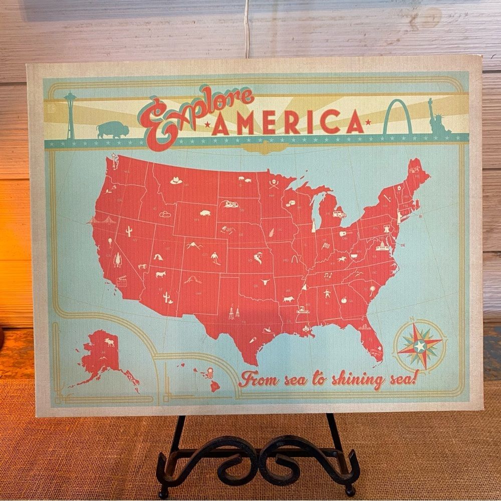 Map Wrapped Canvas Wall Decor USA Minty Green and Dark Coral Orange Vintage LooK